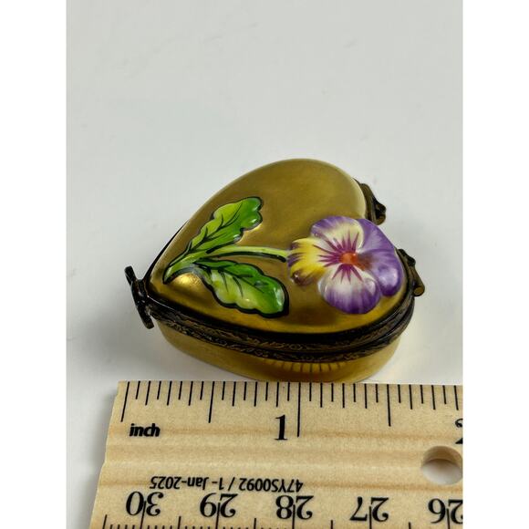 Rochard Limoges France Heart Trinket Box Hand Painted Pansy Gold Porcelain - Picture 11 of 12
